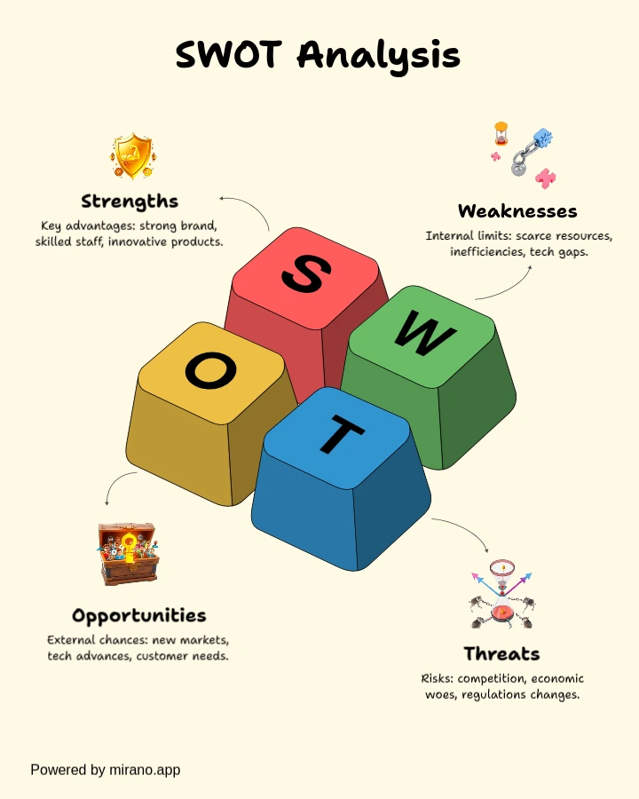 Example SWOT analysis infographic with four color-coded quadrants